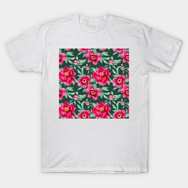 Pattern with bright peonies on green T-Shirt by Oksana Creates